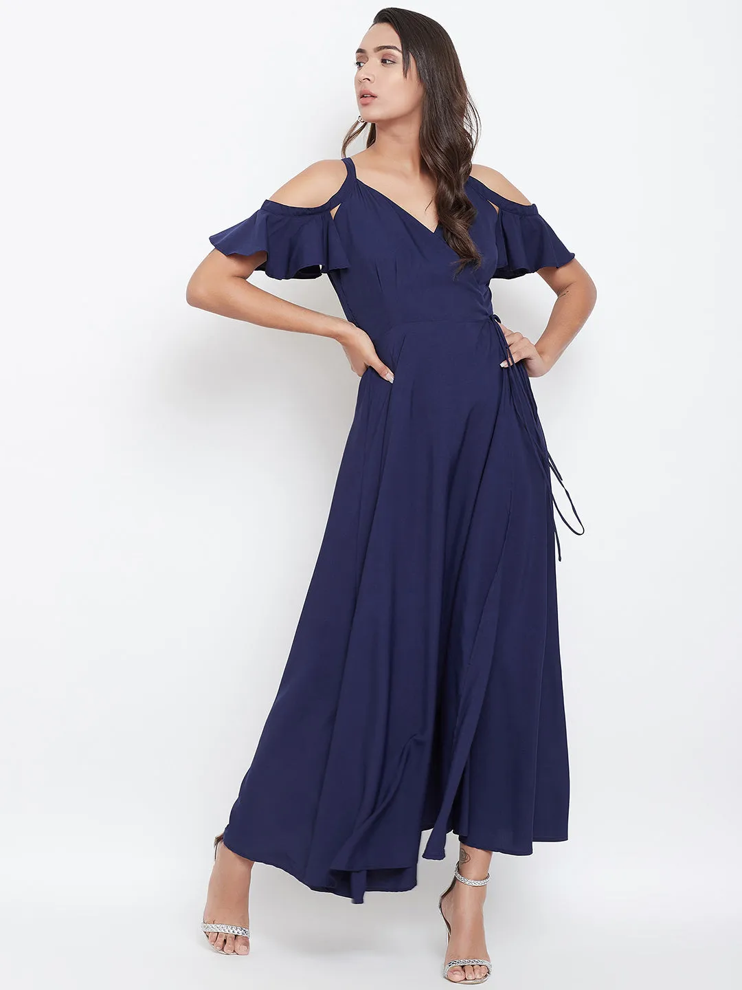 Berrylush Women Solid Navy Blue V-Neck Cold-Shoulder Waist Tie-Up Flared Maxi Dress