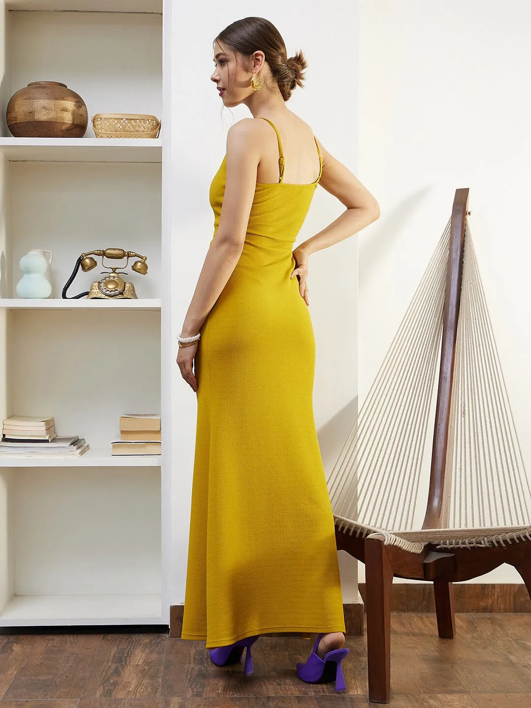 Berrylush Women Solid Yellow Notched Round Neck Sleeveless Thigh-High Slit Straight Hem Knitted Maxi Dress