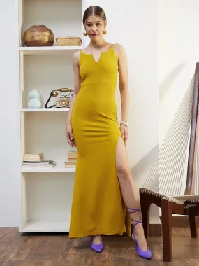 Berrylush Women Solid Yellow Notched Round Neck Sleeveless Thigh-High Slit Straight Hem Knitted Maxi Dress