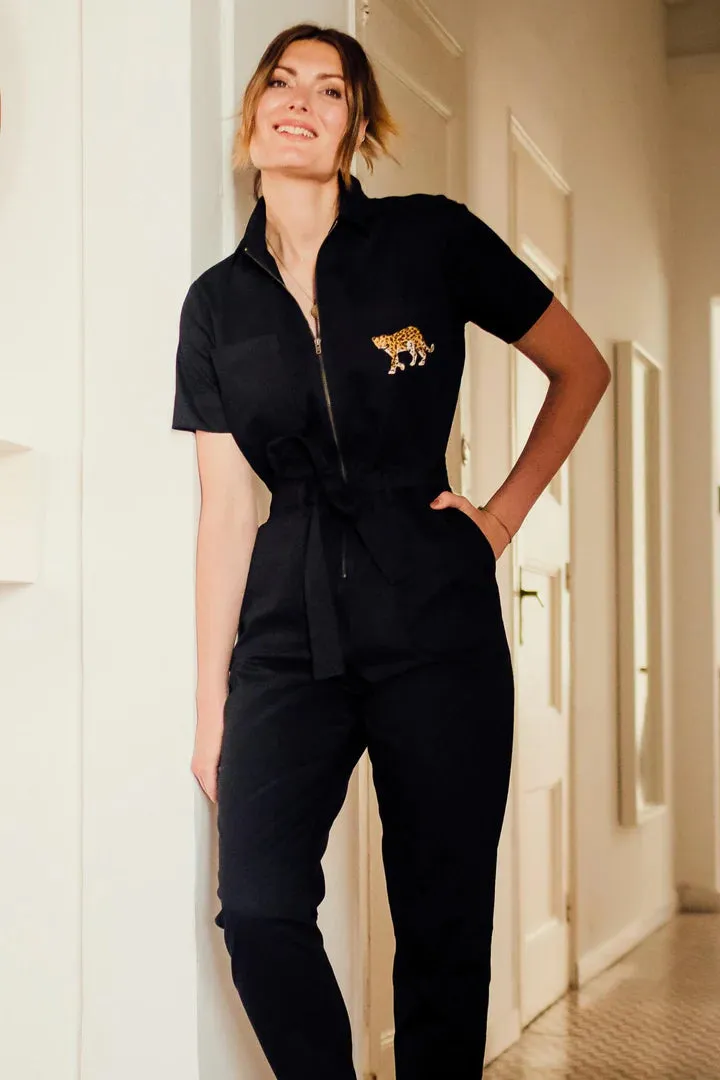 BILLY BOILERSUIT (BLACK, LEOPARD POCKET)