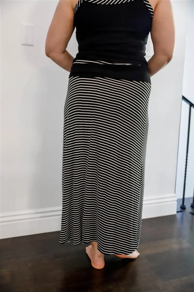 Black Striped V-neck Top and Maxi Skirt Set Plus Size