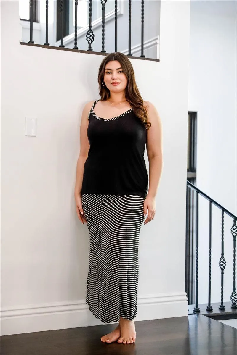 Black Striped V-neck Top and Maxi Skirt Set Plus Size