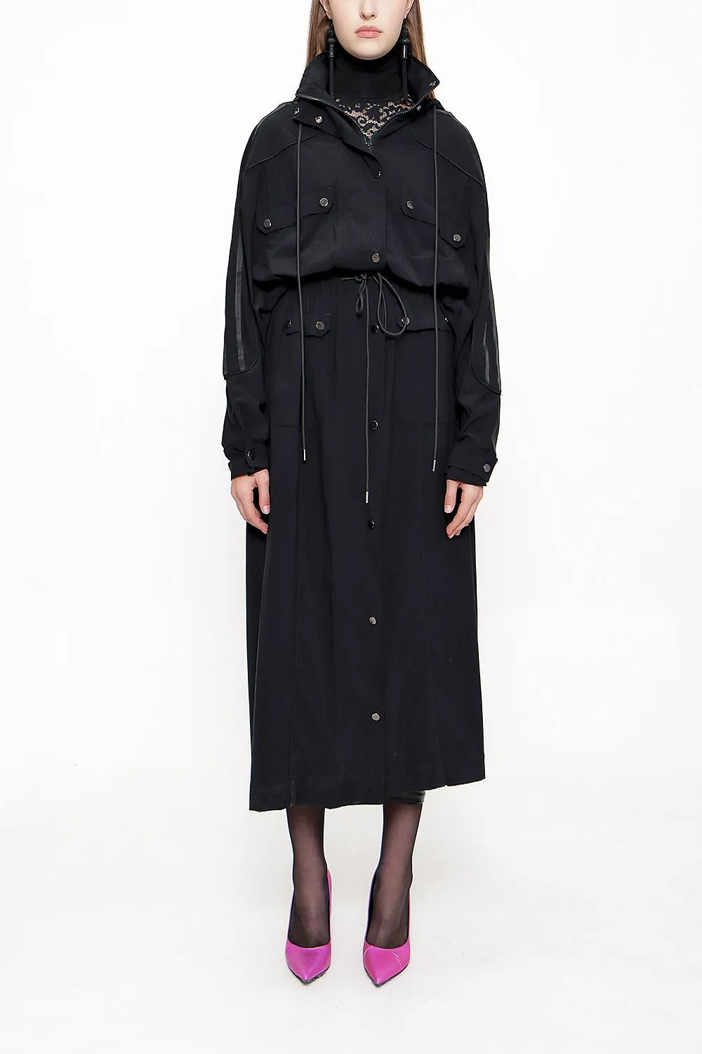 Black Wide-cut Trench Coat with zipper and snap fastener 20401