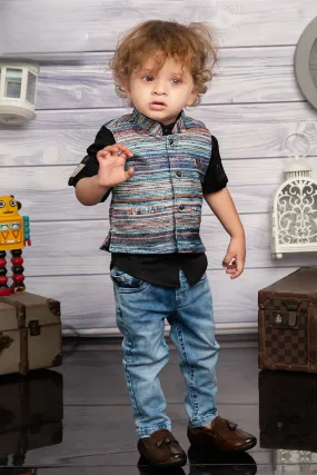 Black with Denim Blue Waist Coat and Set for Boys