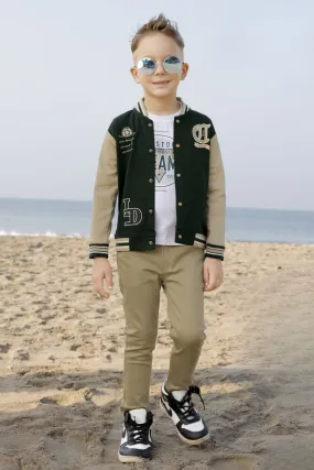 Bottle Green, White and Beige Printed Waist Coat Set for Boys