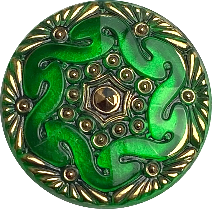 Bright Green Handpainted Czech Lacy Glass Button, 1-1/16", Susan Clarke #SC1519E