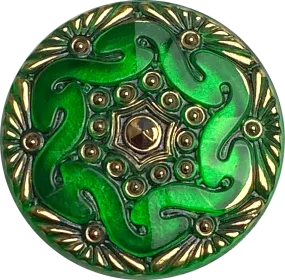 Bright Green Handpainted Czech Lacy Glass Button, 1-1/16", Susan Clarke #SC1519E