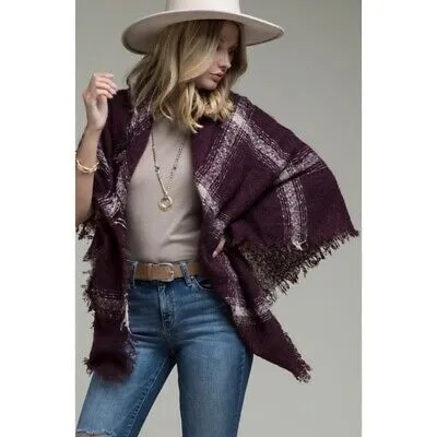 Burgundy Plaid Frayed Fringe Blanket Scarf Womens