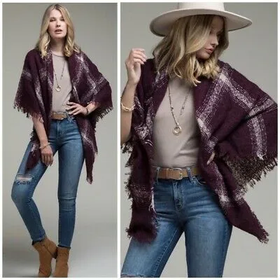 Burgundy Plaid Frayed Fringe Blanket Scarf Womens