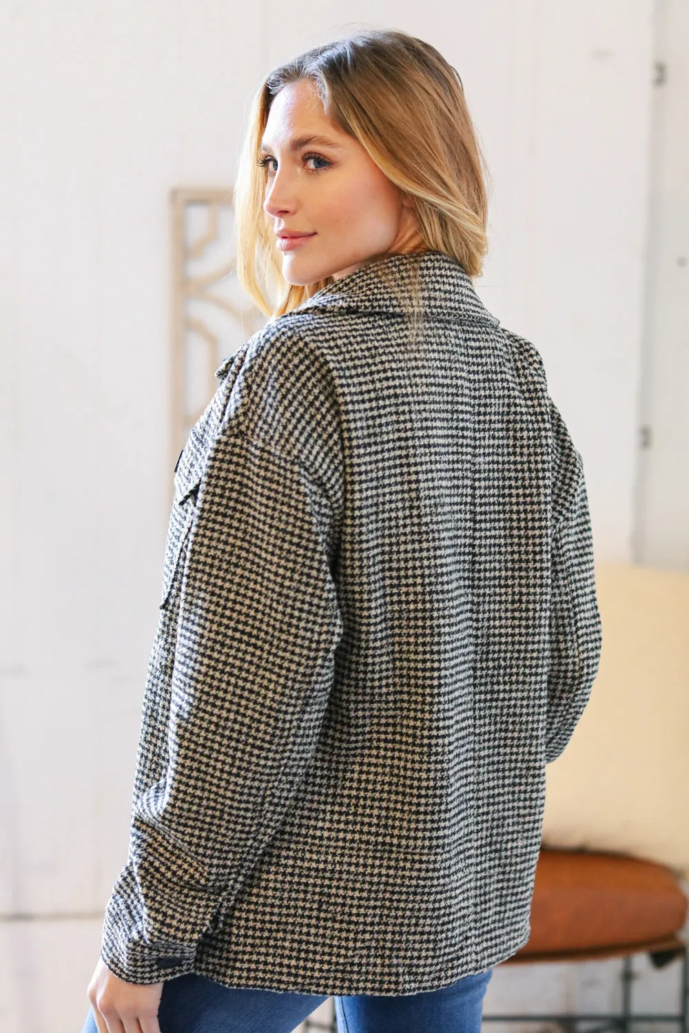 Collared Houndstooth Button Down Wool Blend Jacket