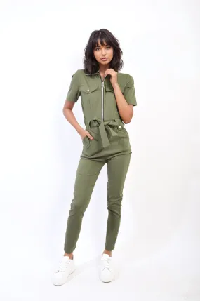 Collared V-Neckline Zip Up with Tie Belt Jumpsuit