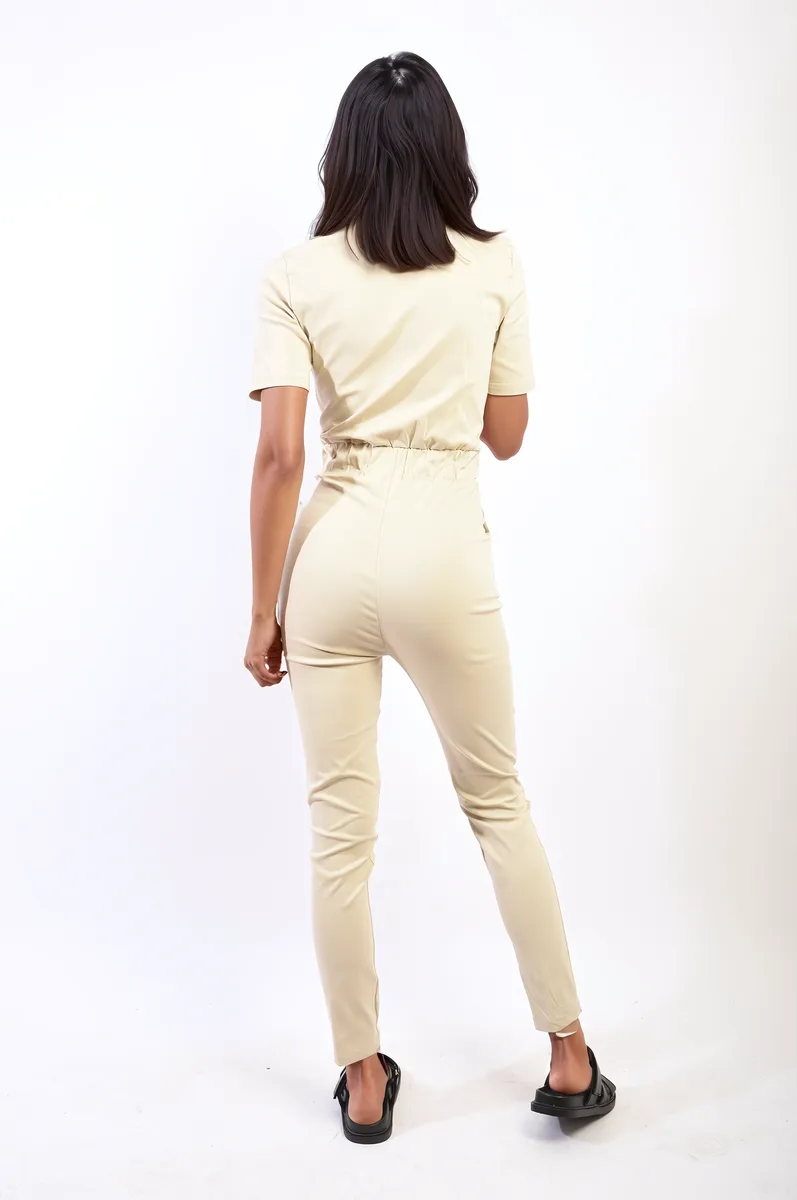 Collared V-Neckline Zip Up with Tie Belt Jumpsuit