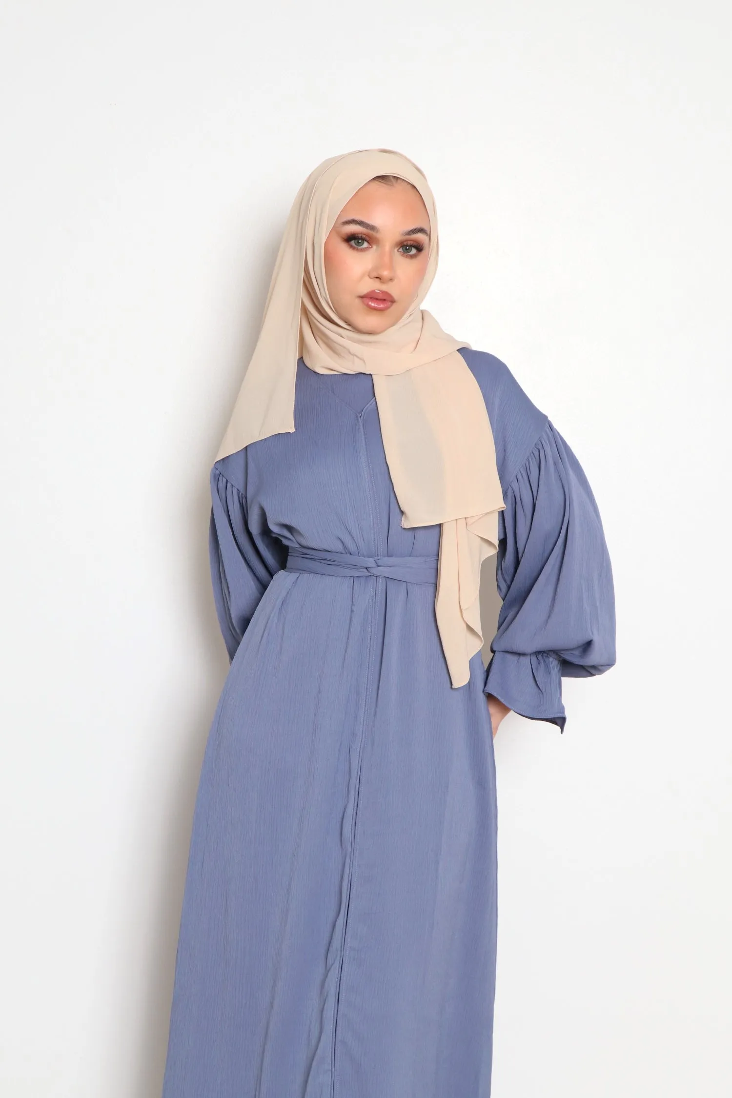 Darya Textured Balloon Sleeve Abaya- Dusty Blue