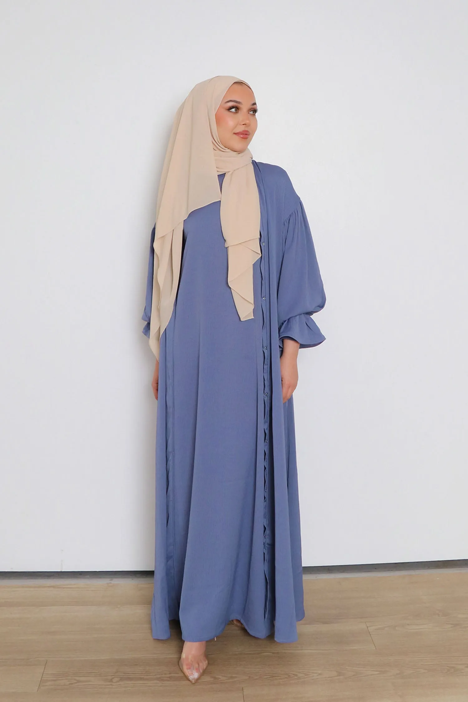 Darya Textured Balloon Sleeve Abaya- Dusty Blue