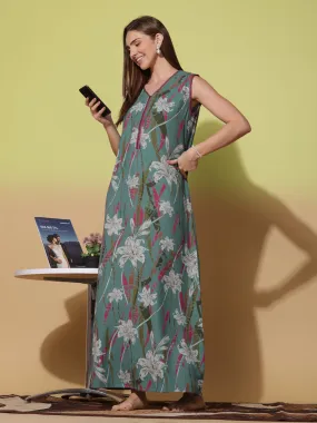 Dreamy Green Alpine Sleeveless Nighty - Elegant & Comfortable