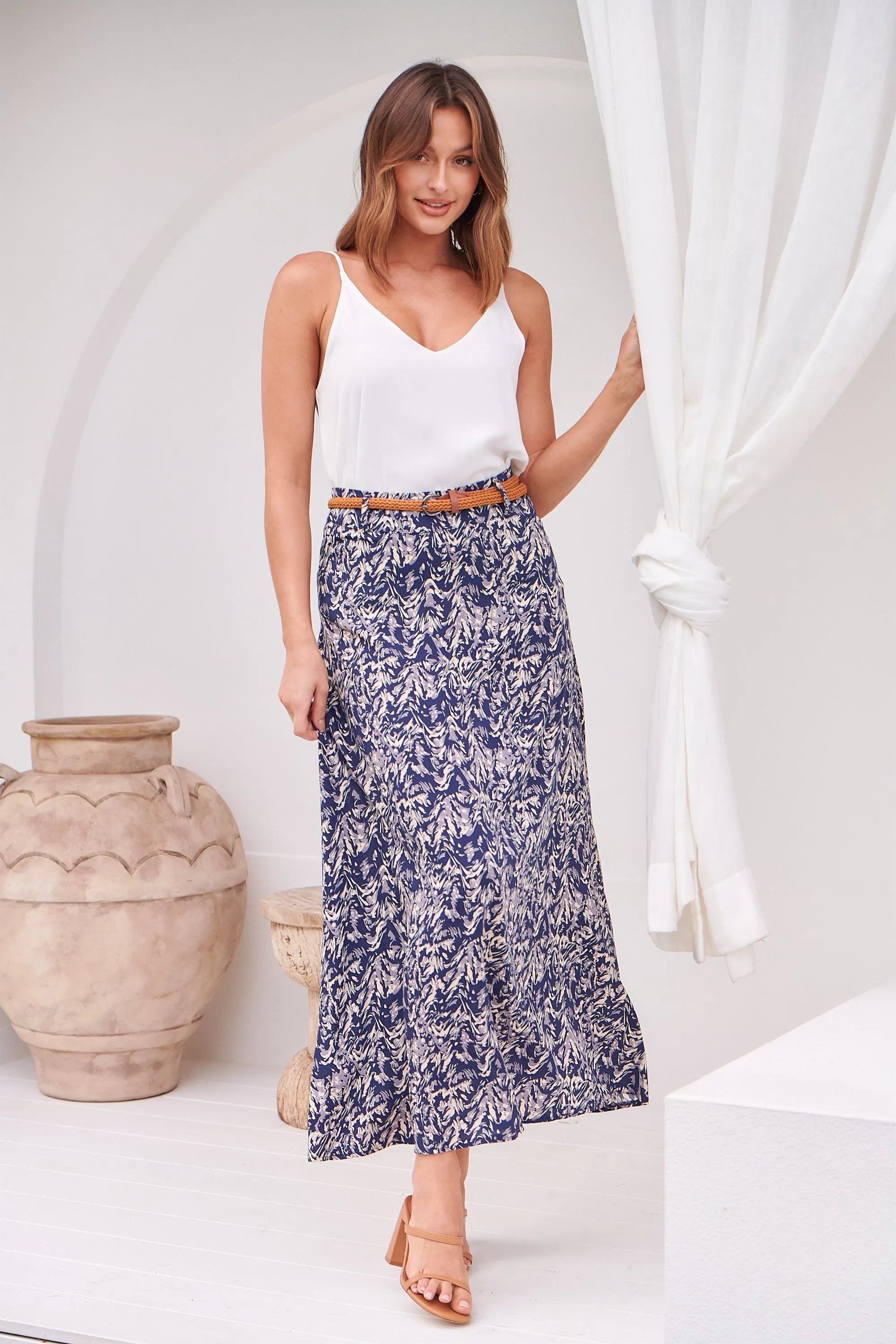 Esperence Skirt Navy/Beige Floral Belted Skirt