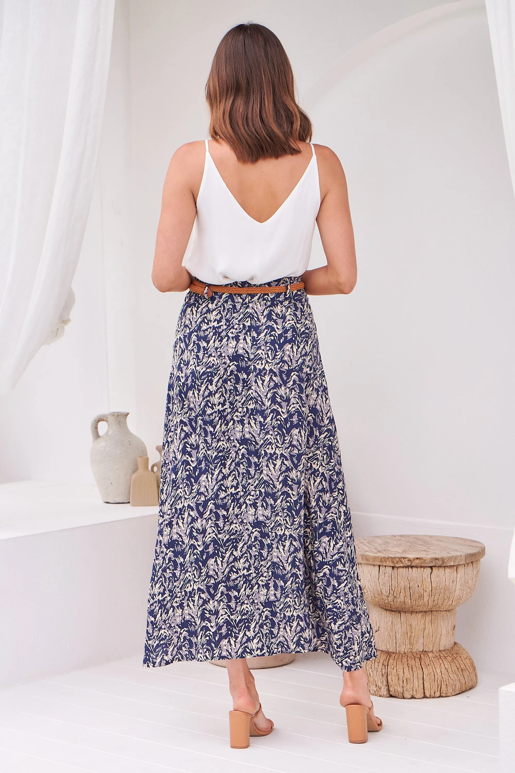 Esperence Skirt Navy/Beige Floral Belted Skirt