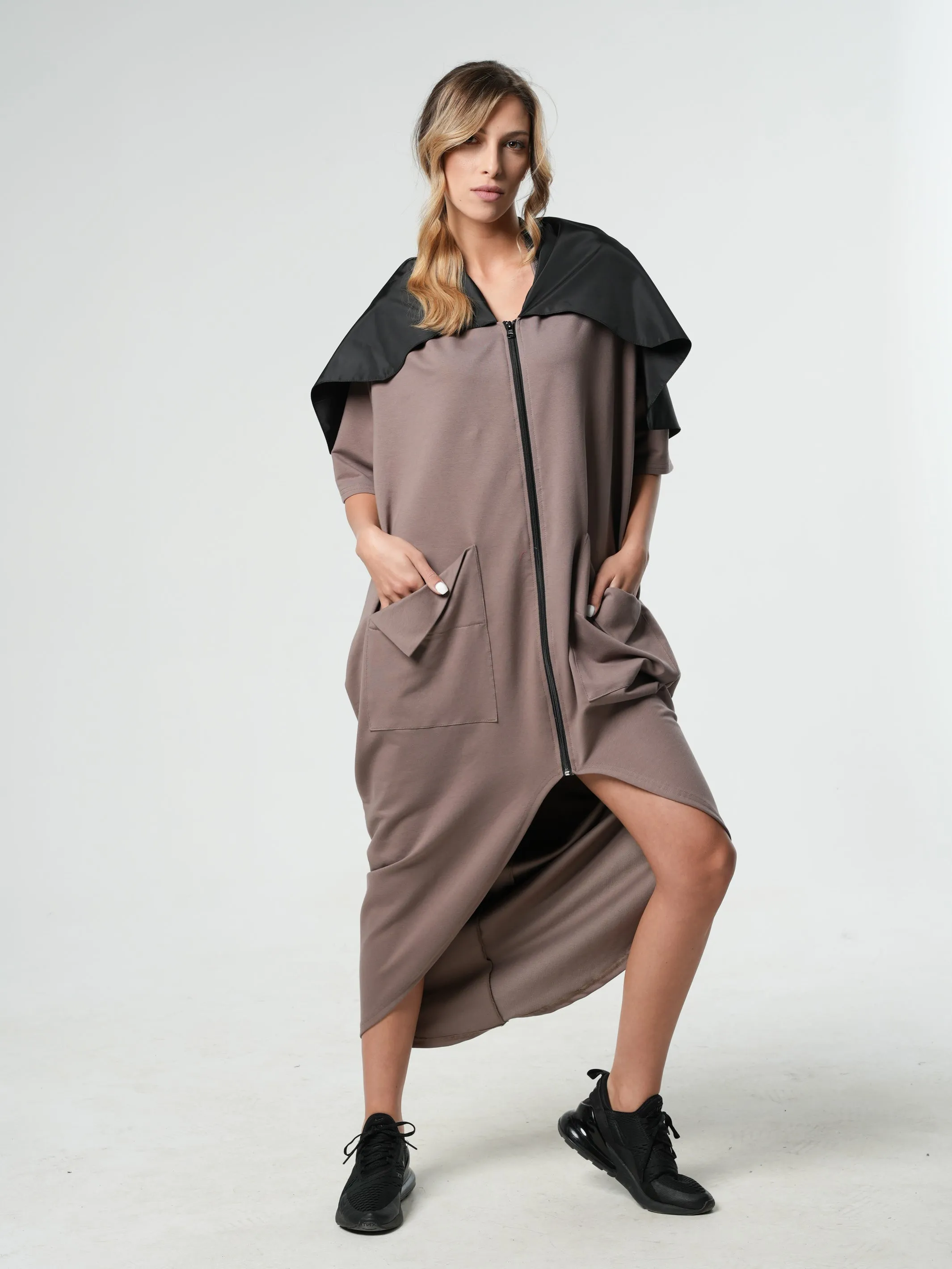 Extravagant Zipper Dress With Shoulder Cape in Moccachino