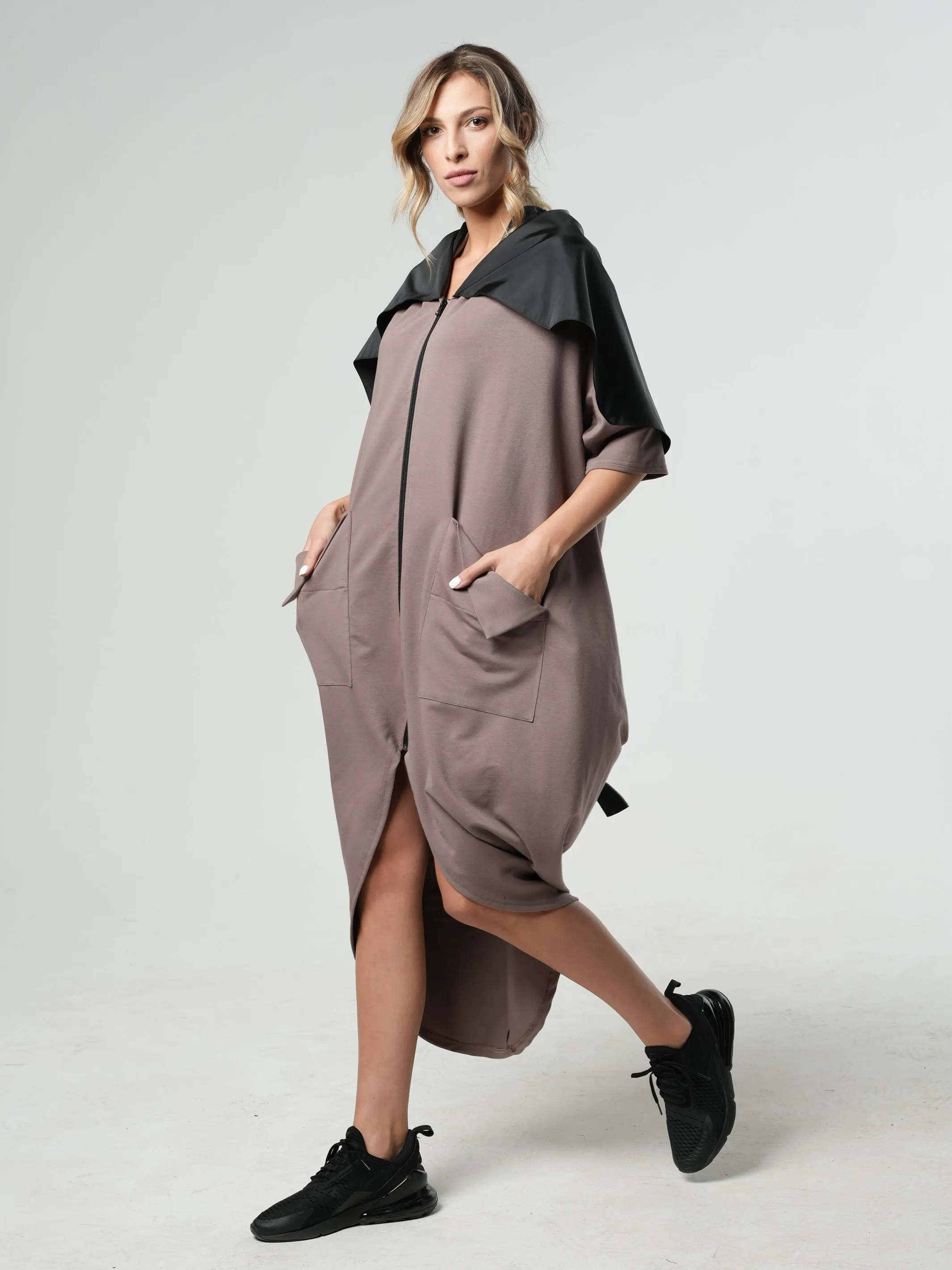 Extravagant Zipper Dress With Shoulder Cape in Moccachino