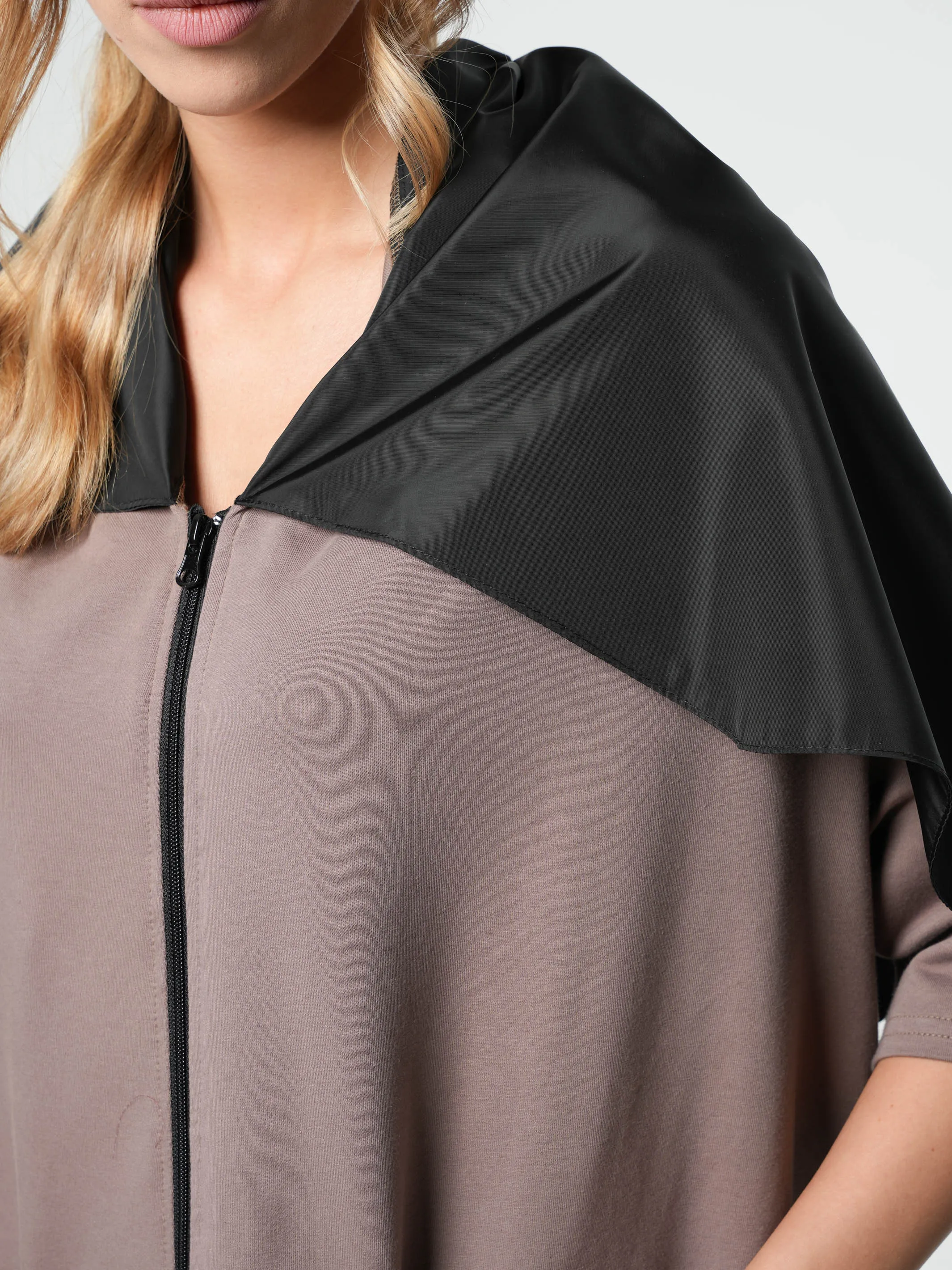 Extravagant Zipper Dress With Shoulder Cape in Moccachino