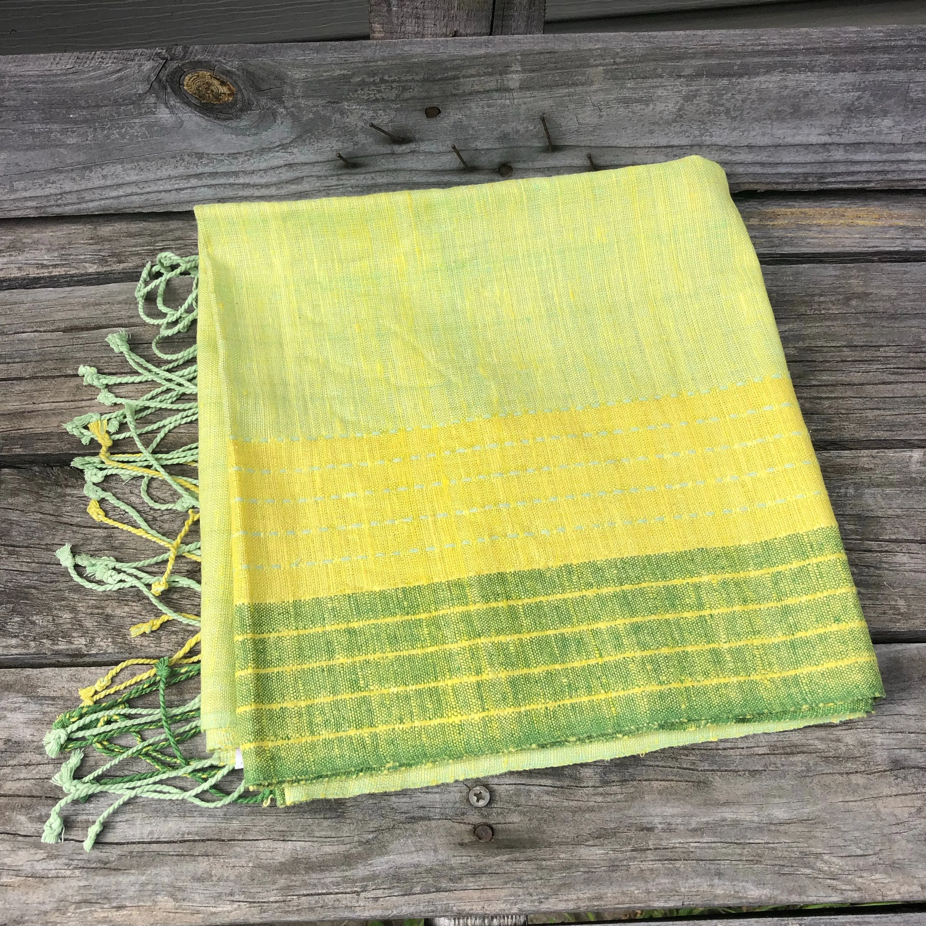 Fair Trade Ethical Non-Violent Silk Scarf Green and Yellow