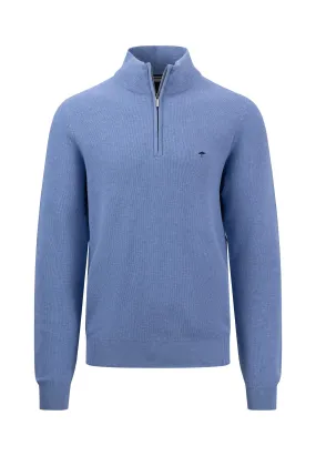 FYNCH HATTON Crystal Blue Textured Sweater with Troyer Collar