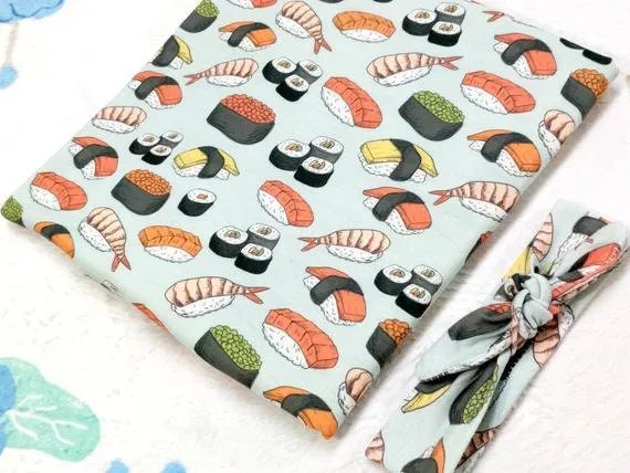 Gender Neutral Baby Gift,Sushi Roll Swaddle/Nursing Blanket   Matching Baby Girl Headband or Cuffed Hat on Mint Green, Food Theme Baby