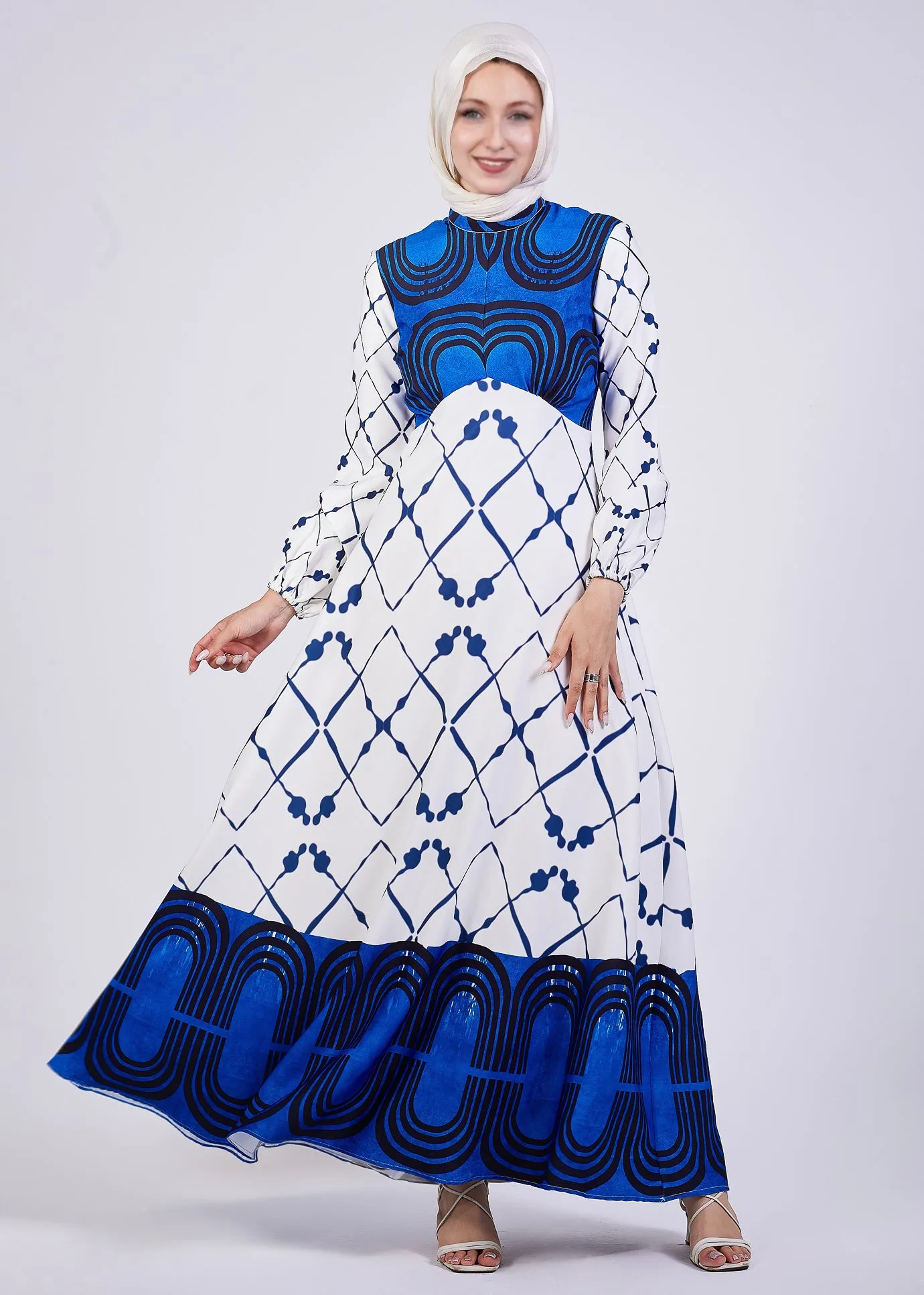 Ghada Serena Blue Geometric Print Modest Maxi Dress