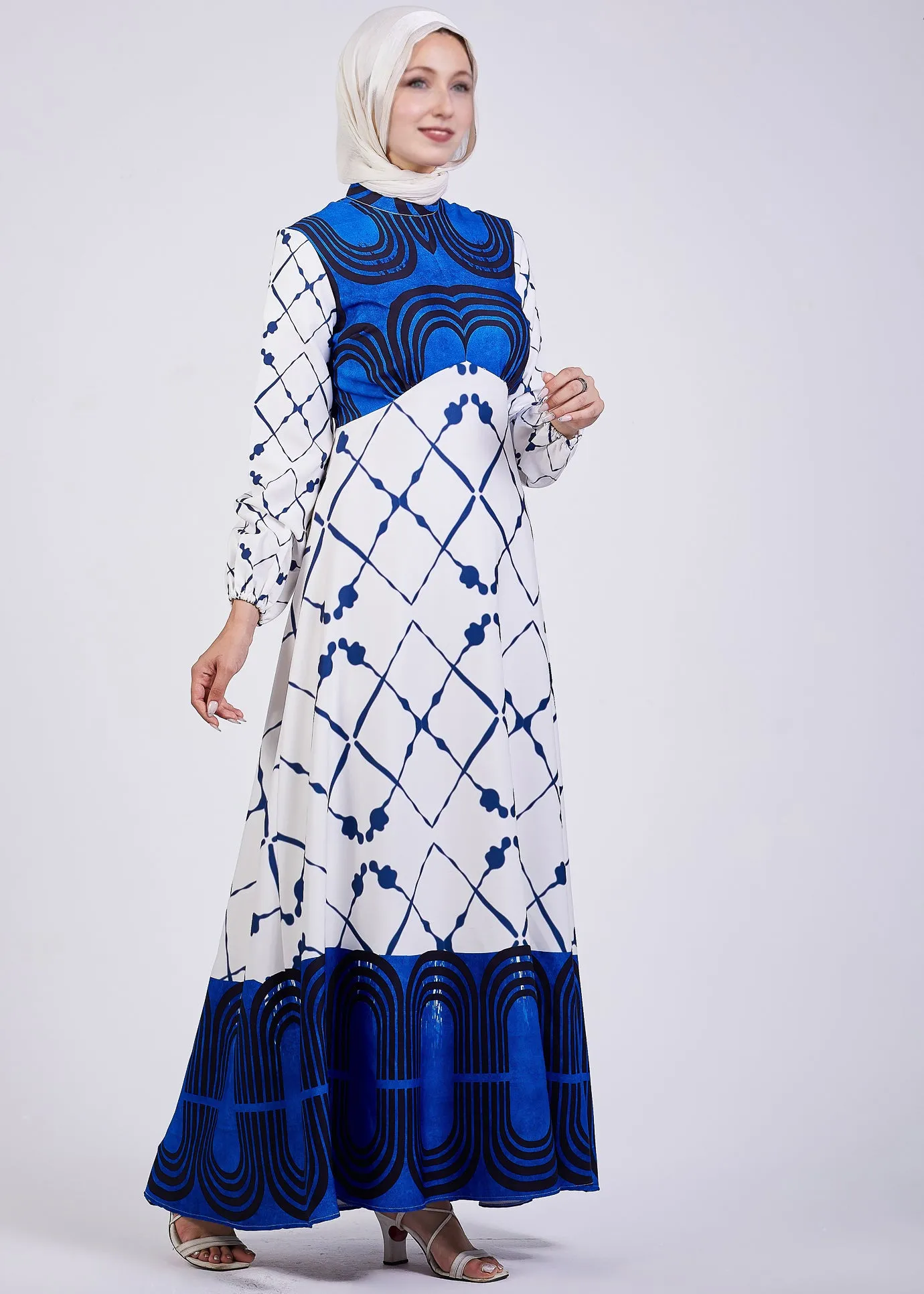 Ghada Serena Blue Geometric Print Modest Maxi Dress