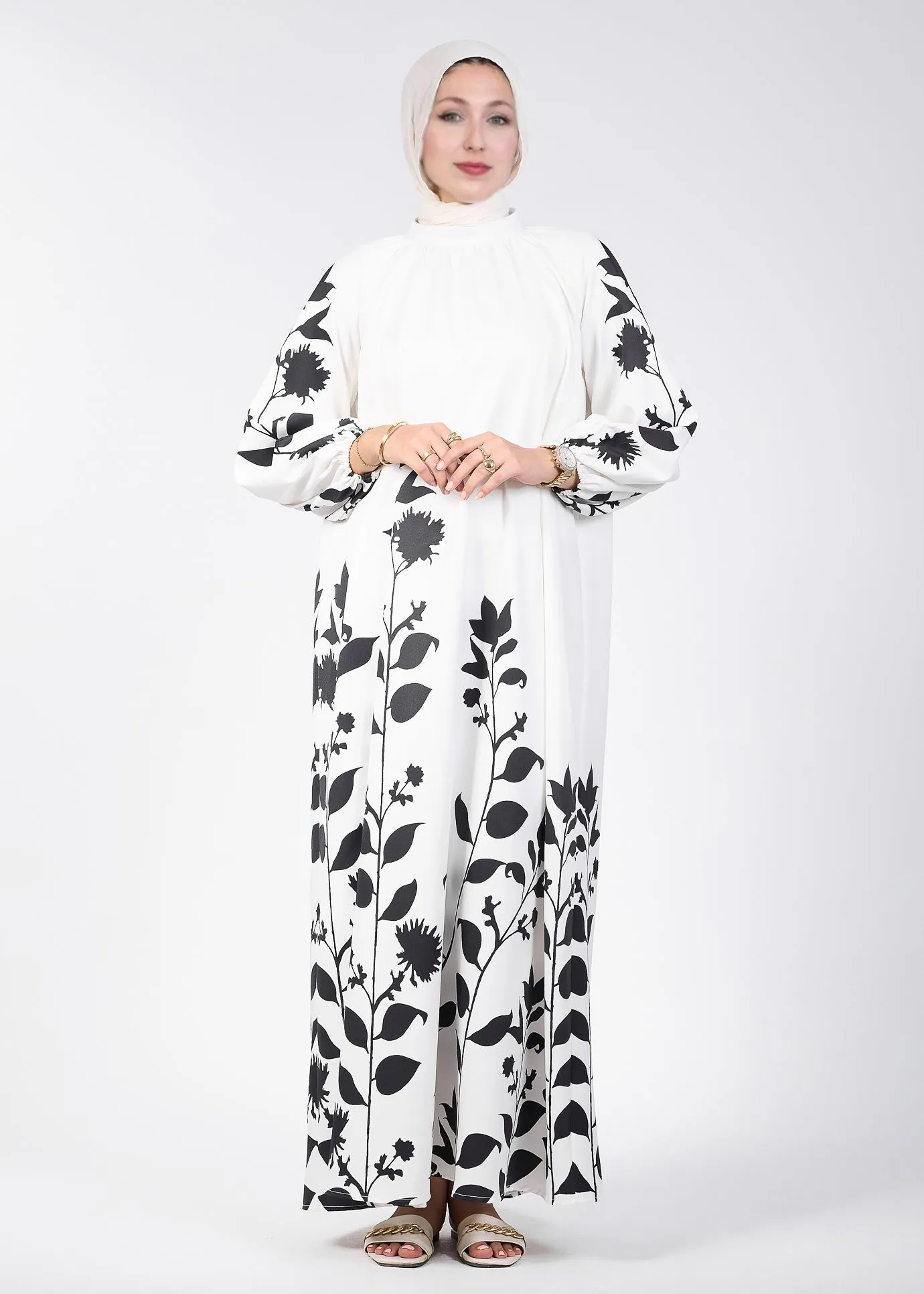 Ghina Elegant Floral Printed Maxi Dress with Raglan Sleeves