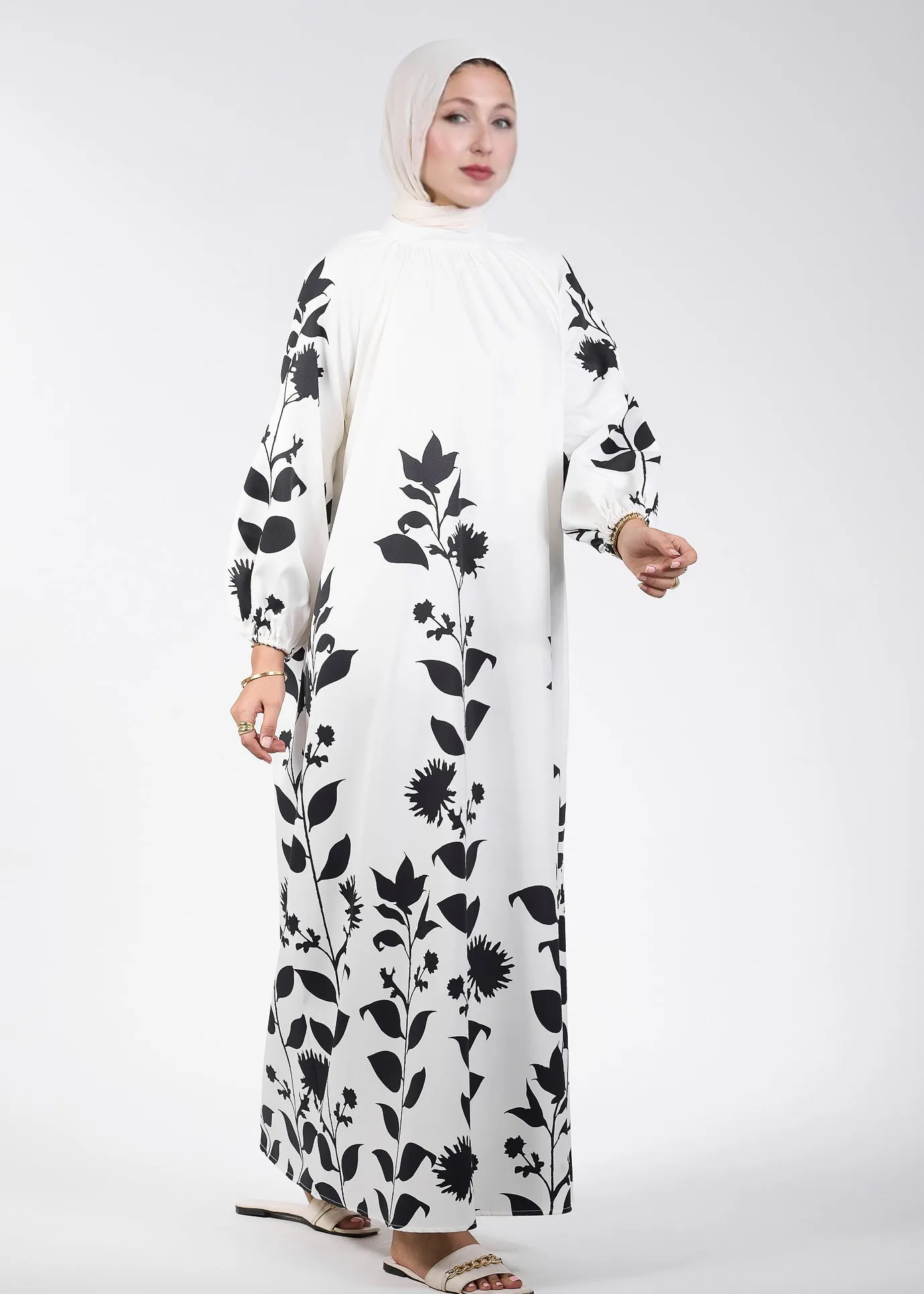 Ghina Elegant Floral Printed Maxi Dress with Raglan Sleeves