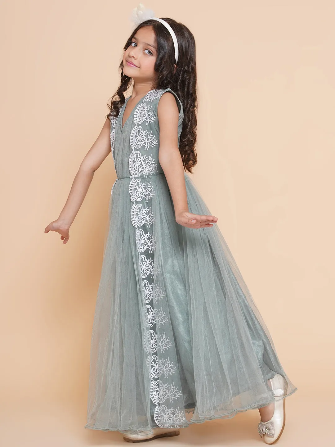 Girls Green Net Embroidered Fit & Flare Gown.