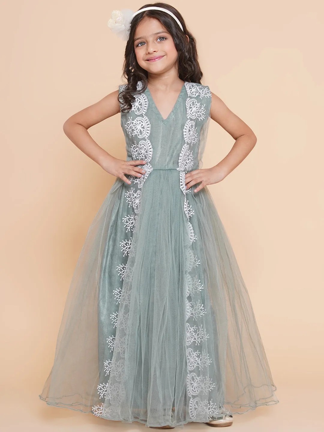 Girls Green Net Embroidered Fit & Flare Gown.