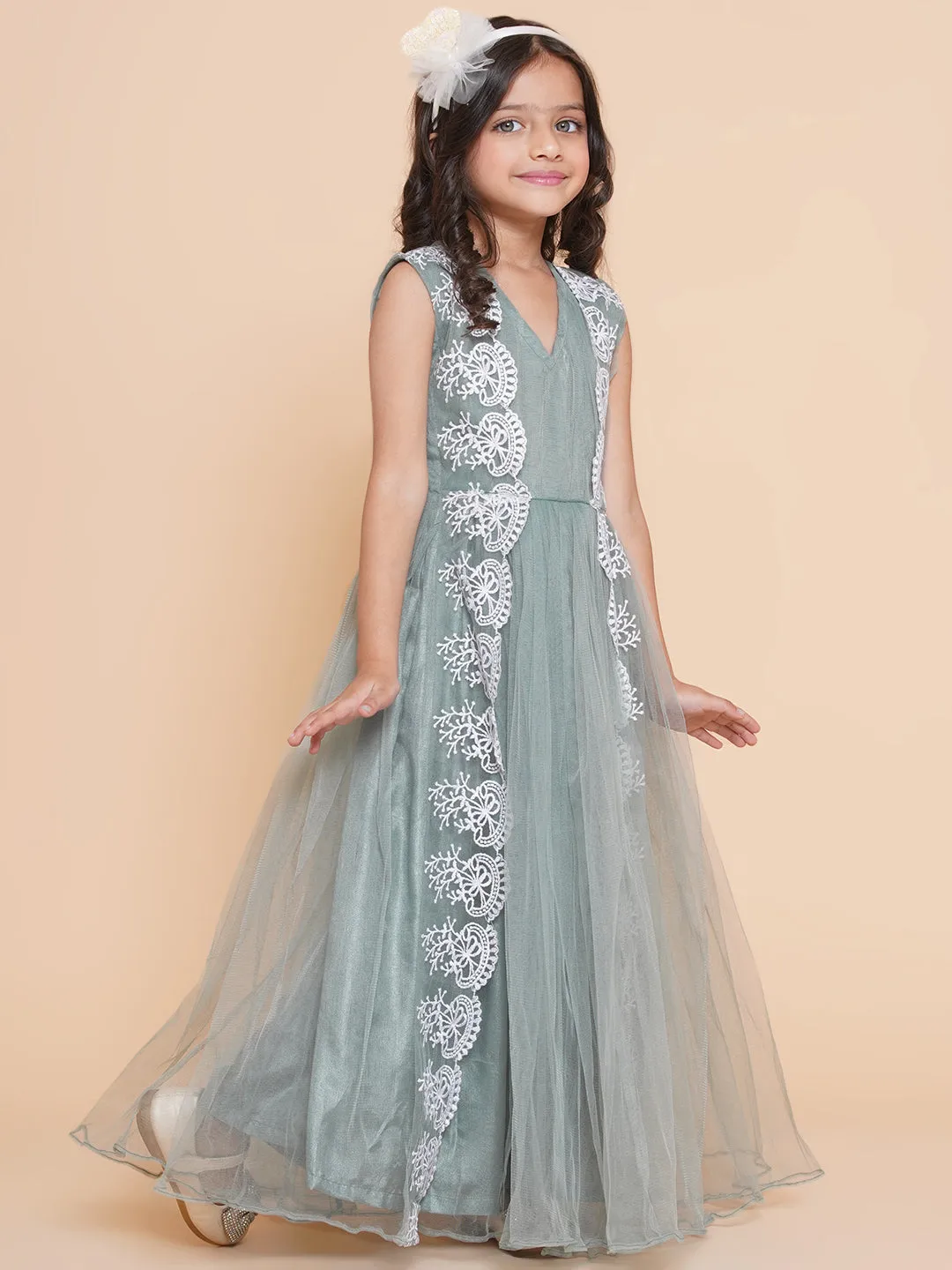 Girls Green Net Embroidered Fit & Flare Gown.