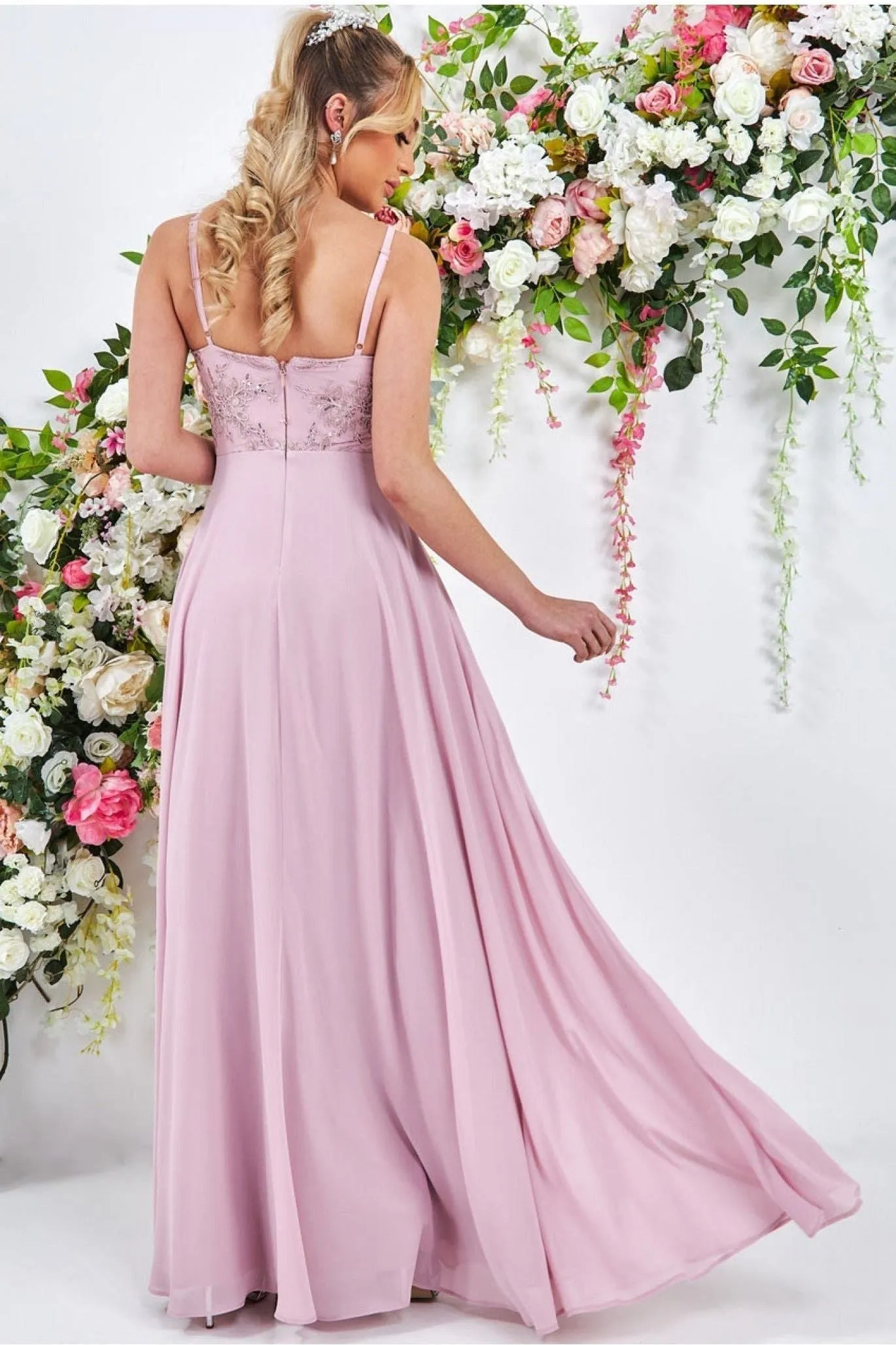 Goddiva Scallop Lace Chiffon Maxi Dress - Blush