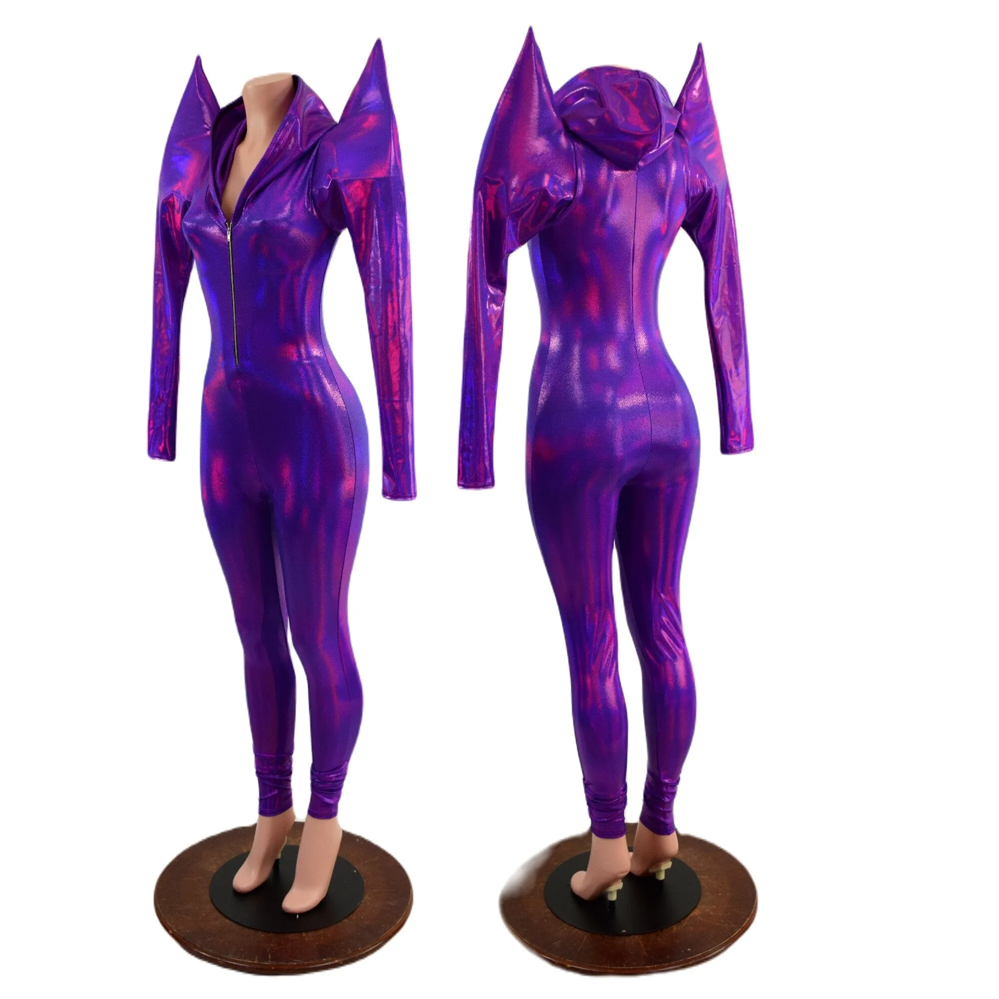 Grape Holographic Mega Sharp Shoulder Hooded Catsuit with Silver Front Zipper