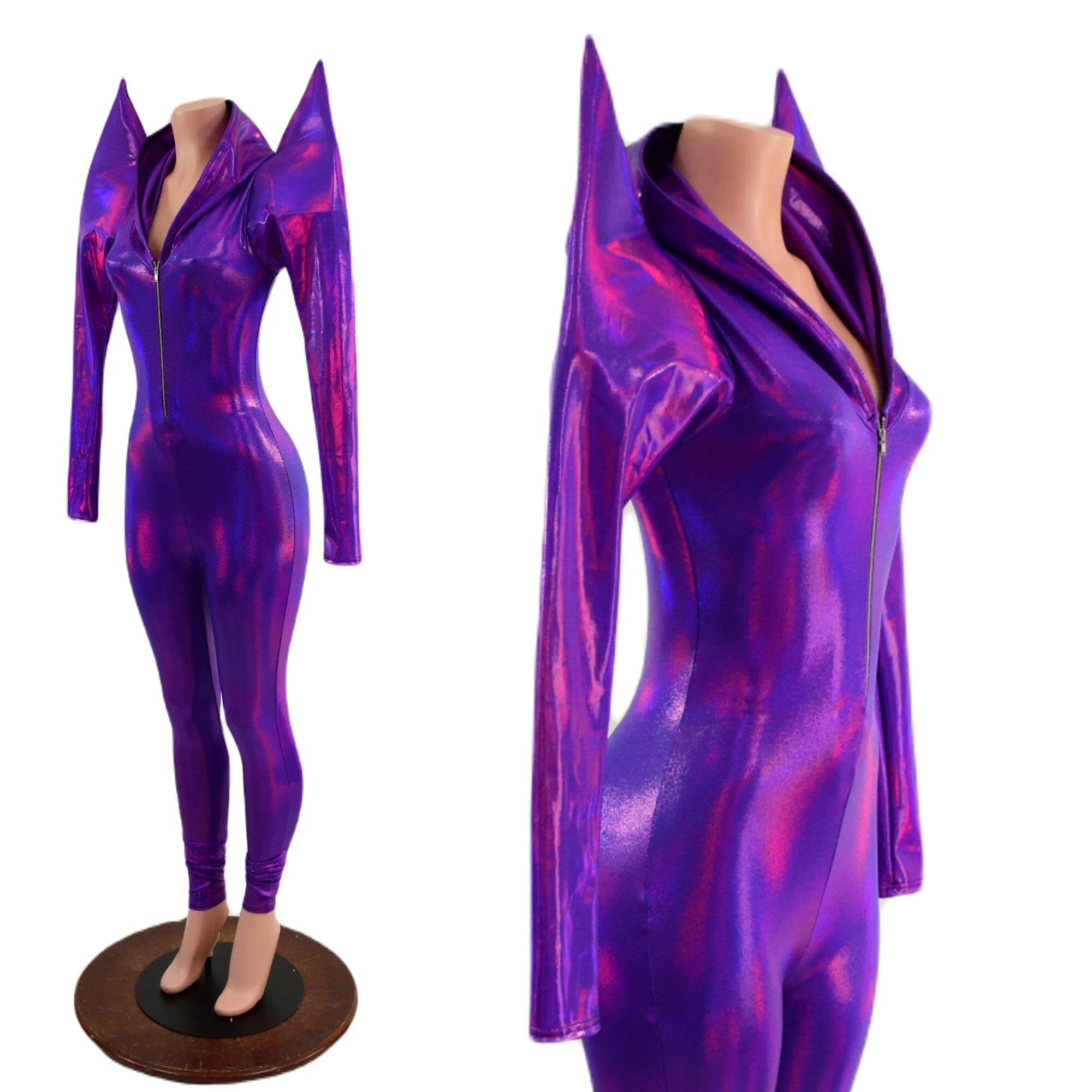 Grape Holographic Mega Sharp Shoulder Hooded Catsuit with Silver Front Zipper