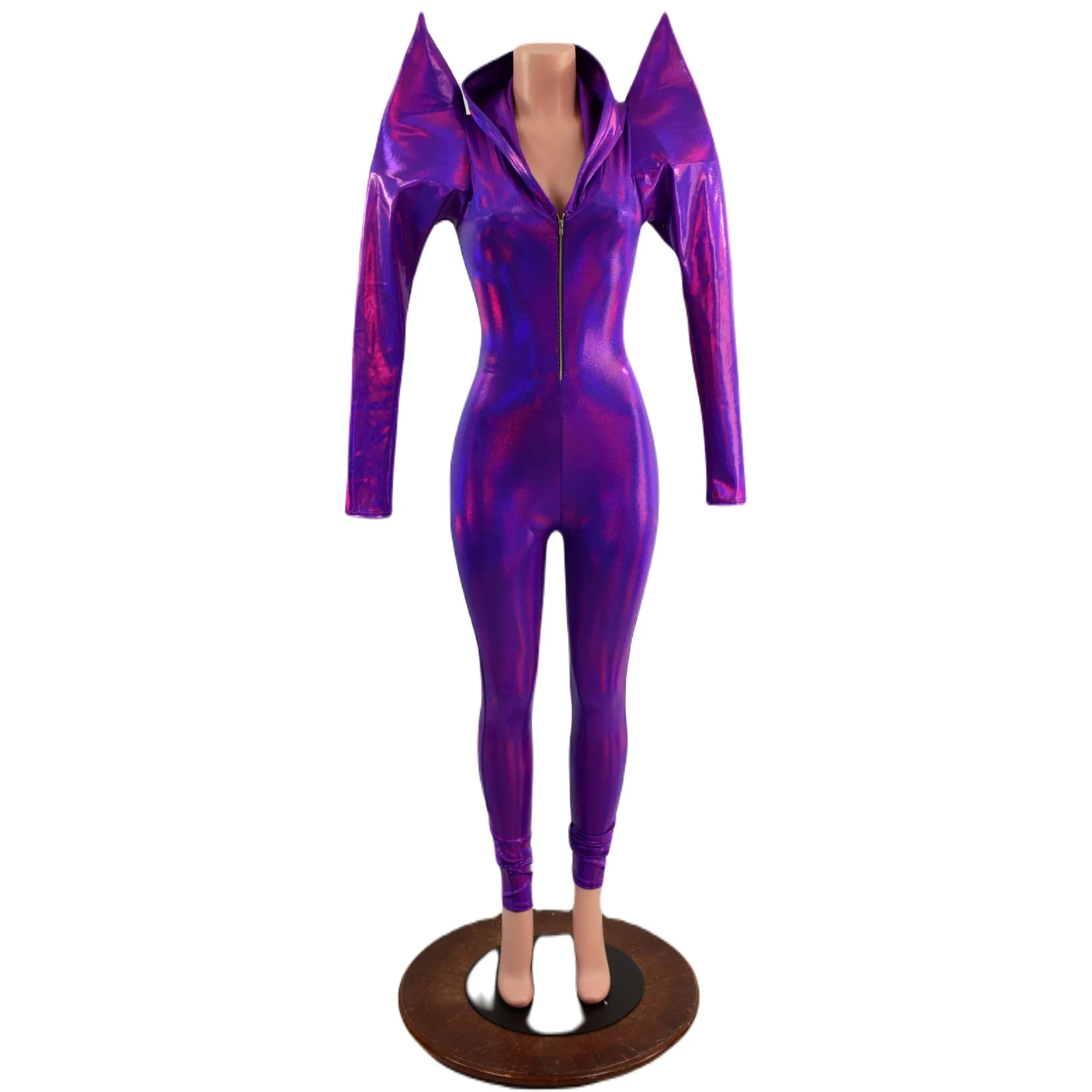 Grape Holographic Mega Sharp Shoulder Hooded Catsuit with Silver Front Zipper