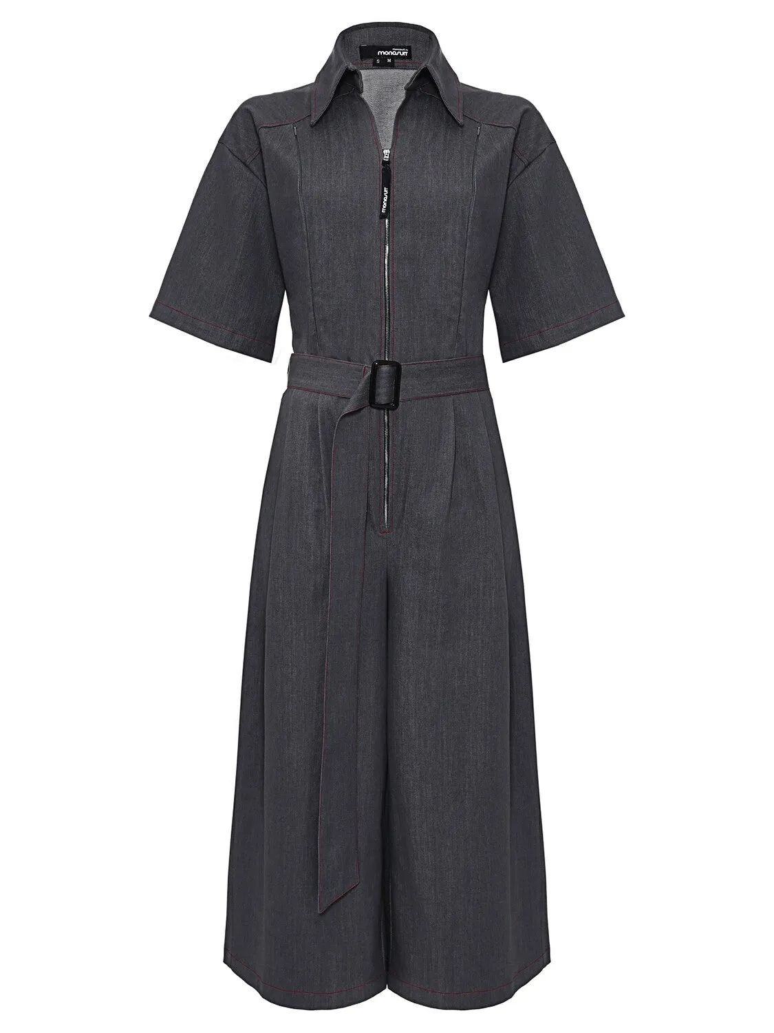 Gray Short Sleeve Collared Belted Wide-Leg Casual Jumpsuit LOVEME