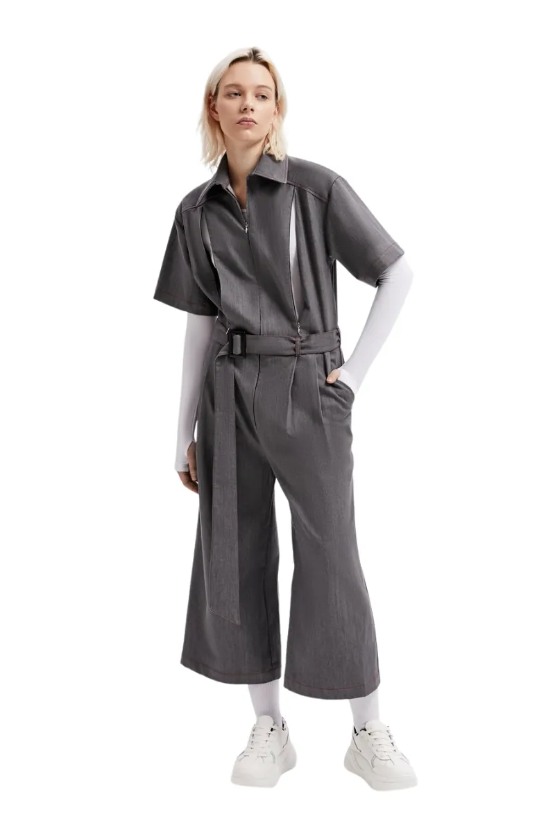 Gray Short Sleeve Collared Belted Wide-Leg Casual Jumpsuit LOVEME