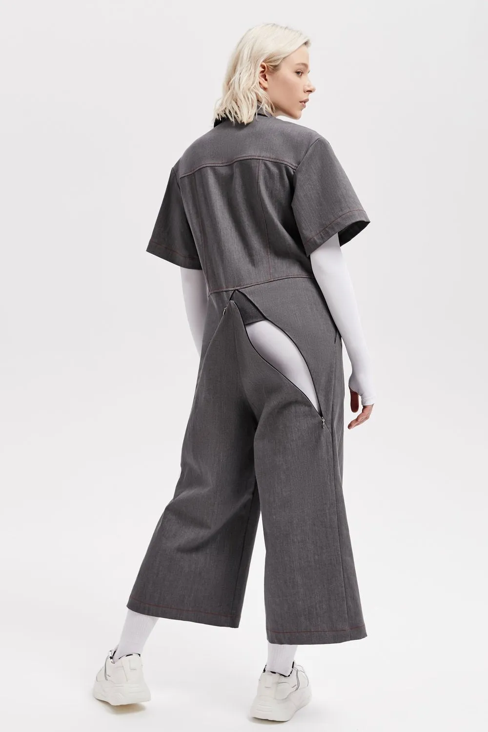 Gray Short Sleeve Collared Belted Wide-Leg Casual Jumpsuit LOVEME