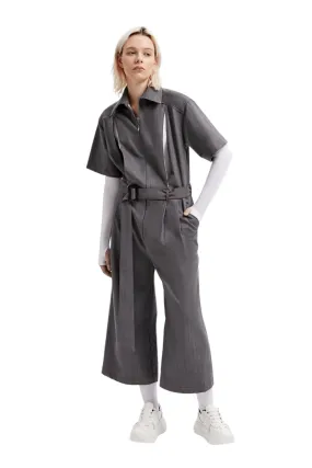 Gray Short Sleeve Collared Belted Wide-Leg Casual Jumpsuit LOVEME