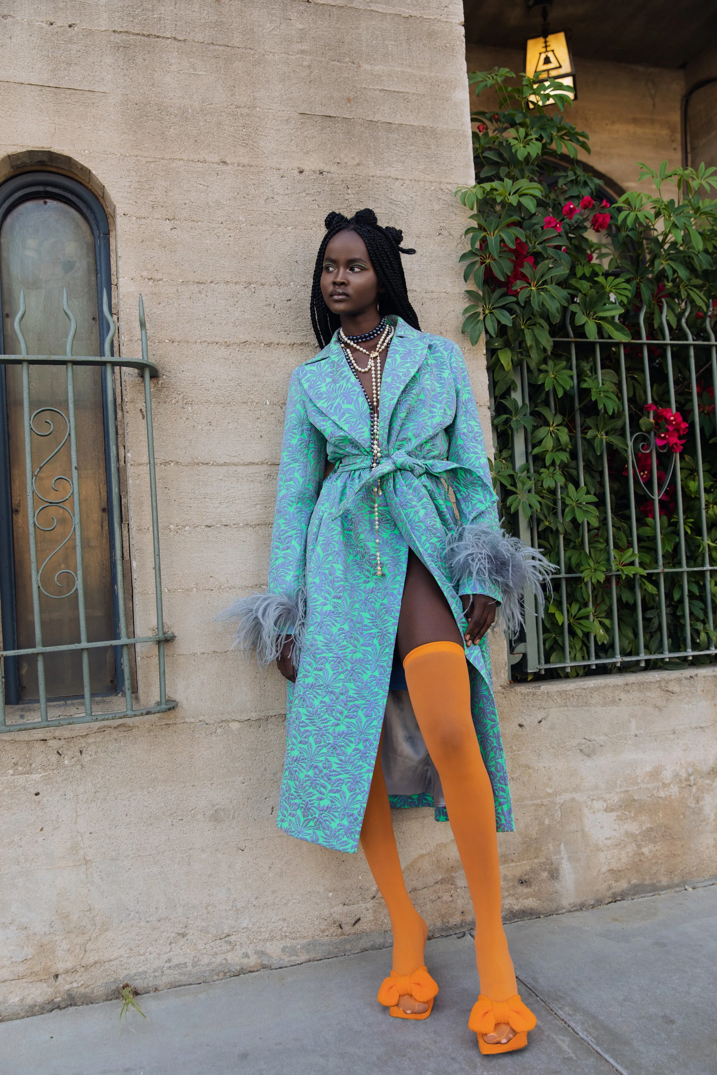 Green Jacqueline Coat №22 With Detachable Feathers Cuffs