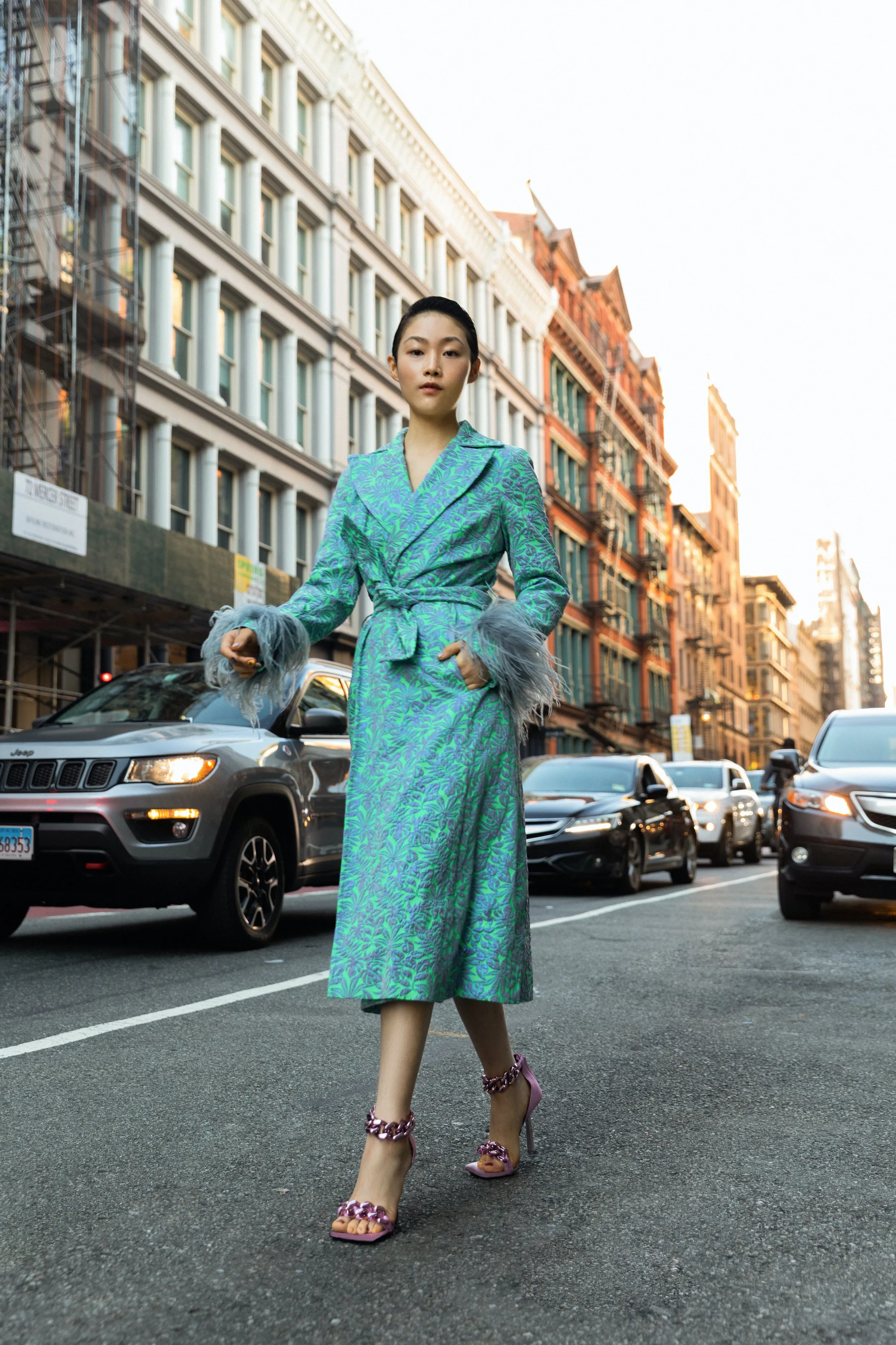 Green Jacqueline Coat №22 With Detachable Feathers Cuffs