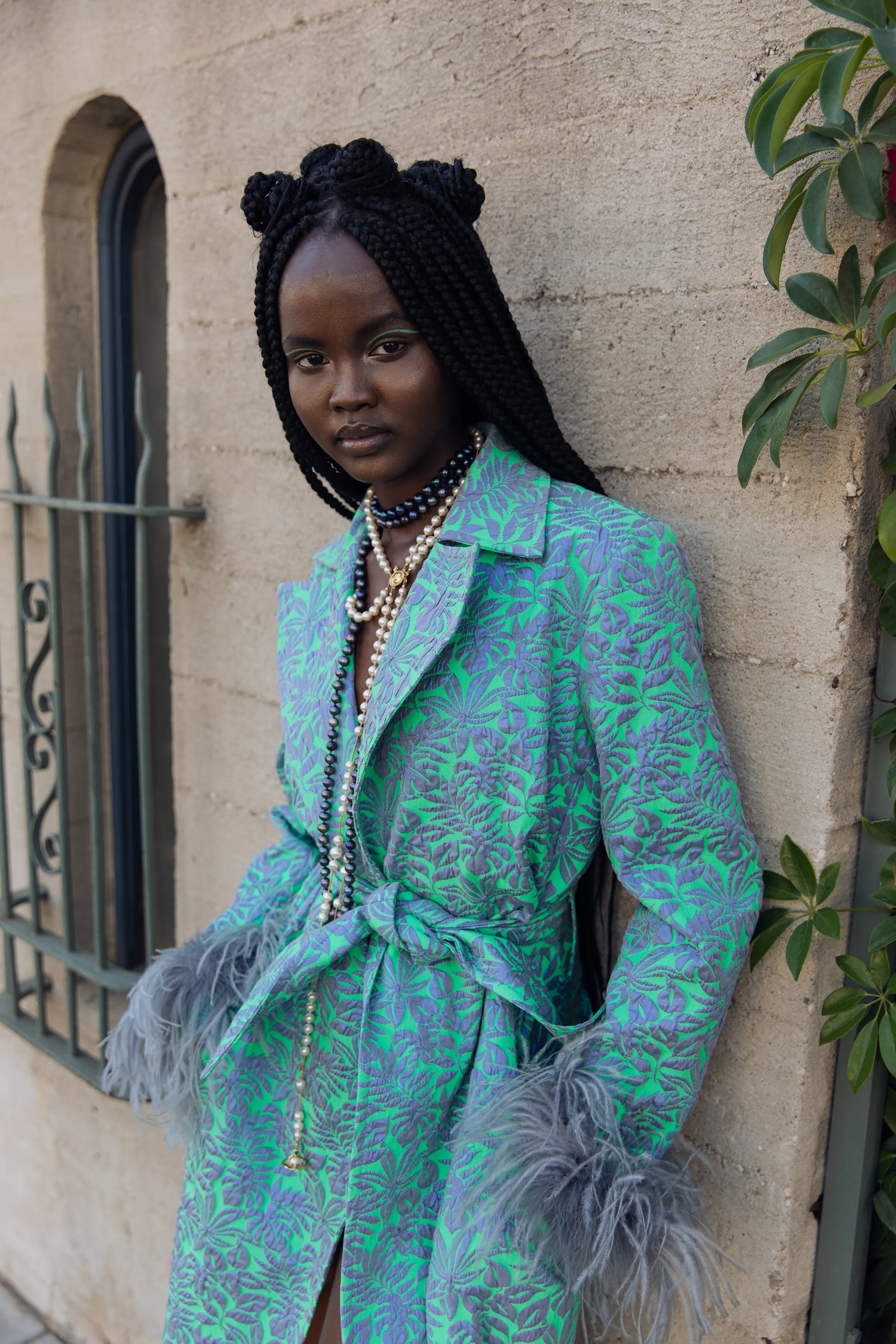 Green Jacqueline Coat №22 With Detachable Feathers Cuffs