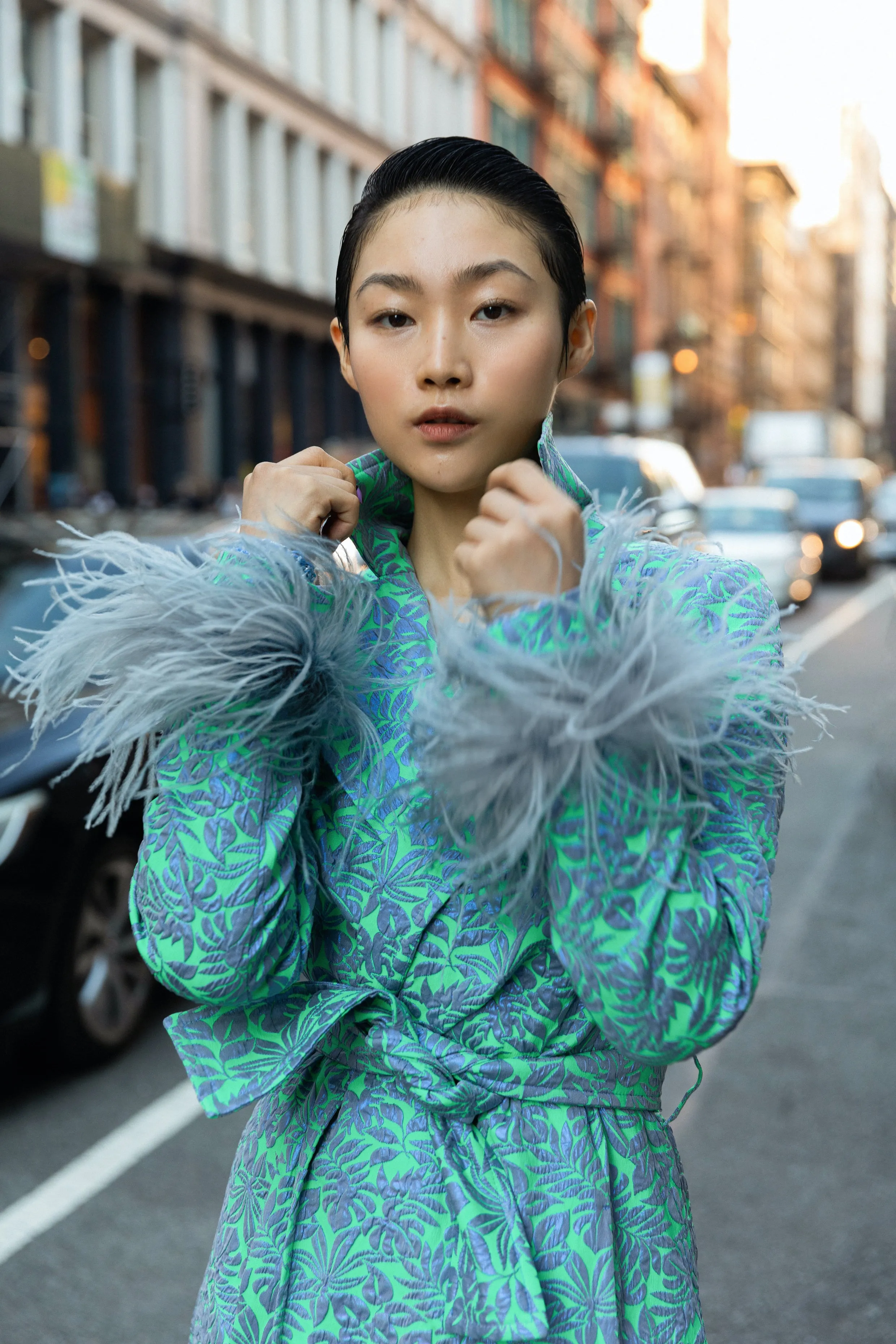 Green Jacqueline Coat №22 With Detachable Feathers Cuffs