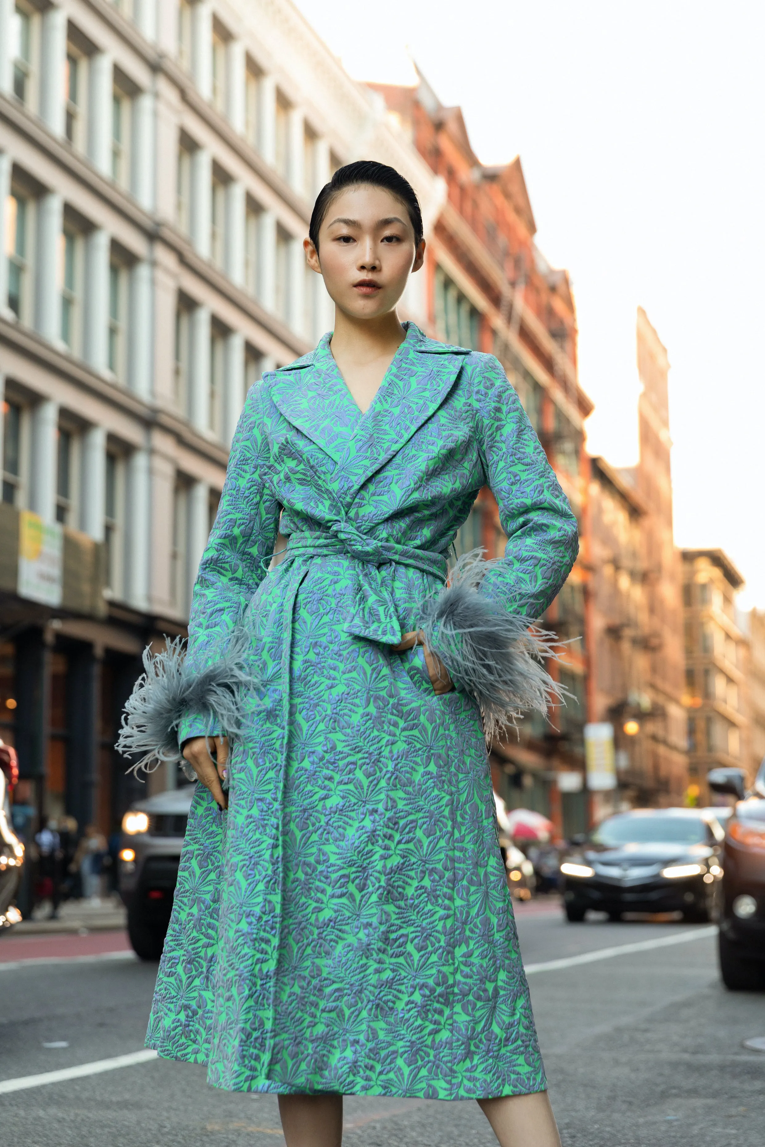 Green Jacqueline Coat №22 With Detachable Feathers Cuffs