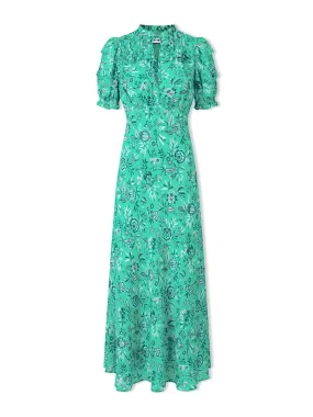 Green white palm floral Viola cotton blend bias cut maxi dress