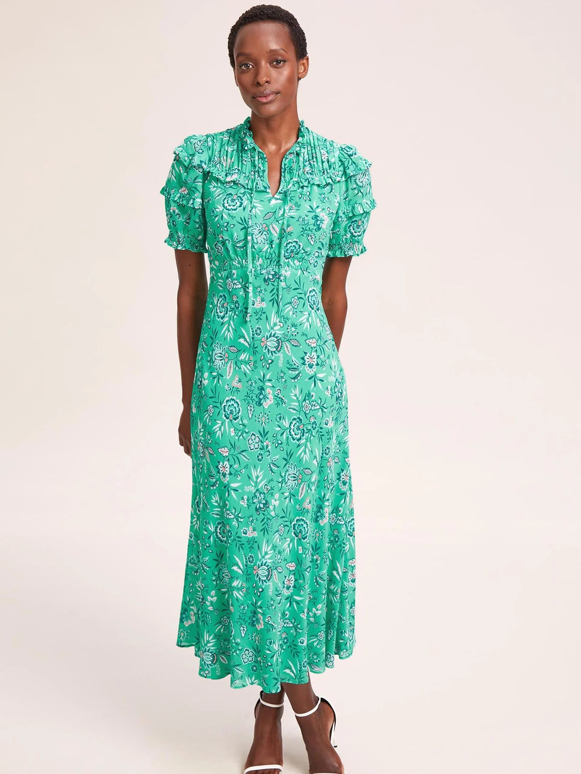 Green white palm floral Viola cotton blend bias cut maxi dress