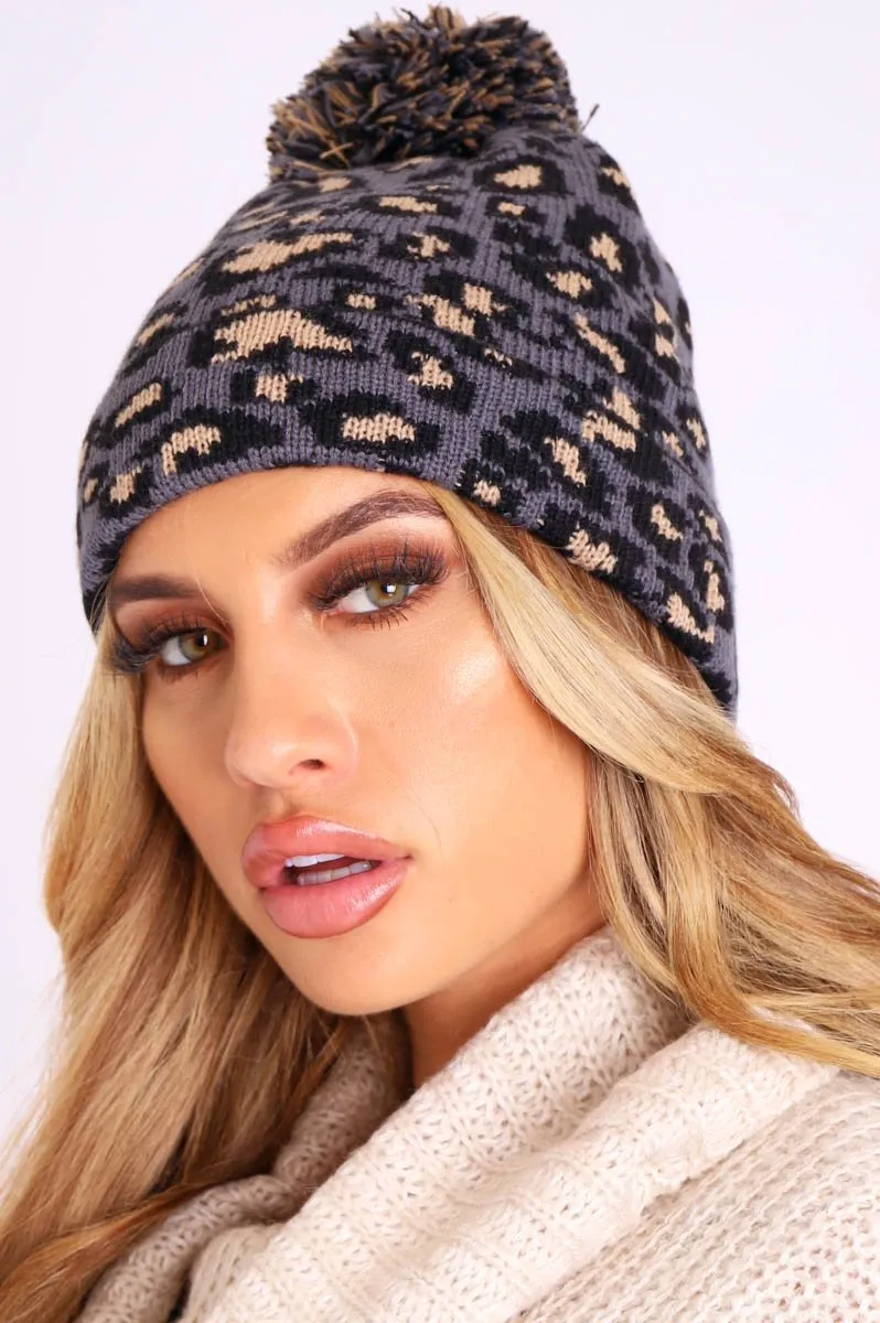 Grey Leopard Knit Pom Pom Hat - Kela